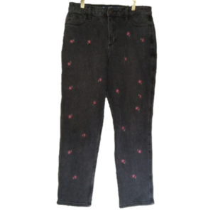 HOLLISTER Black jeans w Embroidered red  Roses "Curvy High Rose Mom Jean" Sz 7R